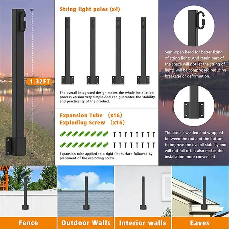 Outdoor String Light Pole Metal Lights Lifters Outside Standing Lights Hanger Poles With Screws Secure Ground Lamp Pole For Home