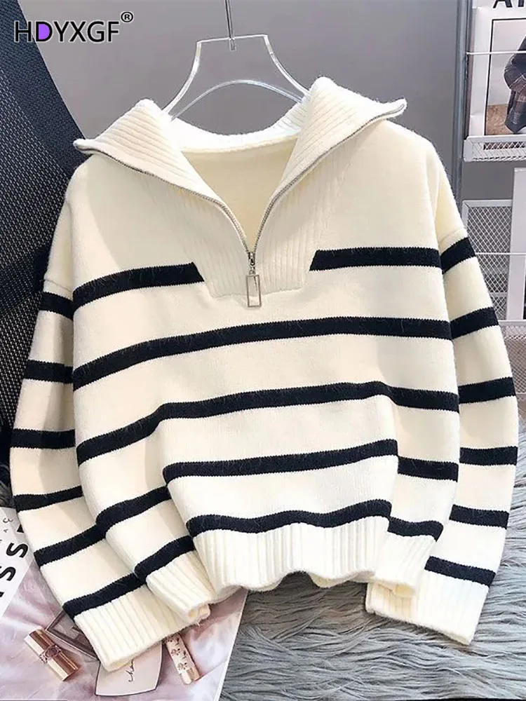 

Korean Fashion Striped Zipper Baggy Turtleneck Women Sweaters Autumn Winter Lazy Style Knit Pullover Gentle Cozy Long Sleeve Top