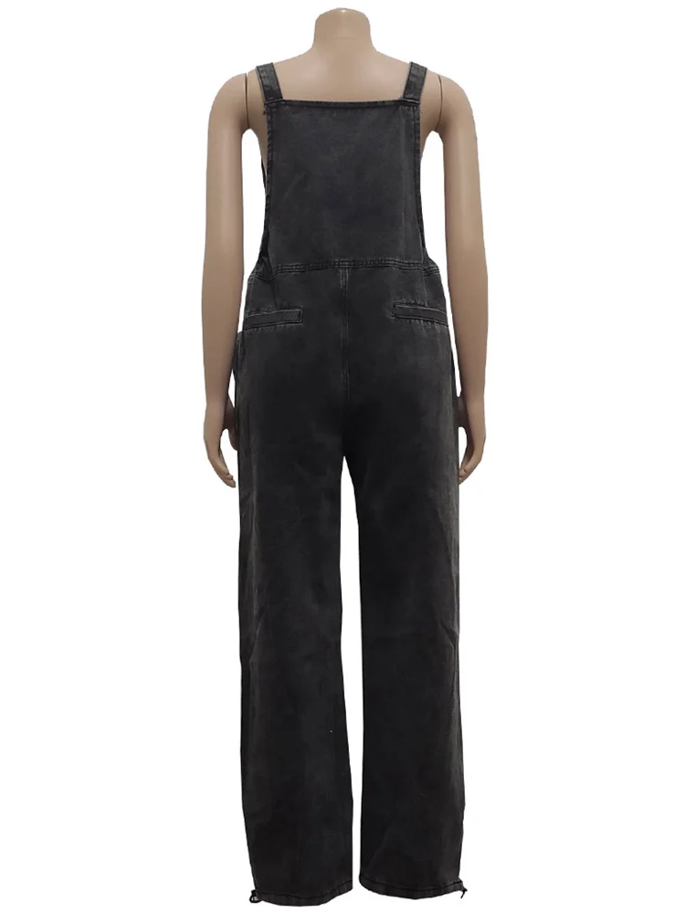 Wmstar Women's Jumpsuit Denim Cargo Pockets One Piece Outfits Wide Leg Black Fashion Streetwear Romper Wholesale Dropshipping