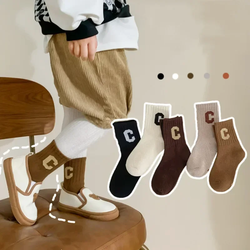

Детские простые модные однотонные носки до середины икры для маленьких мальчиков и девочек весенне-осенние хлопковые носки с молочным кофейным узором