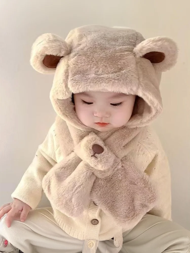 Thickened Bear Integrated Baby Hat Winter Children's Anti-wind Cap Plush Scarf Boys And Girls Winter Accessories One-piece