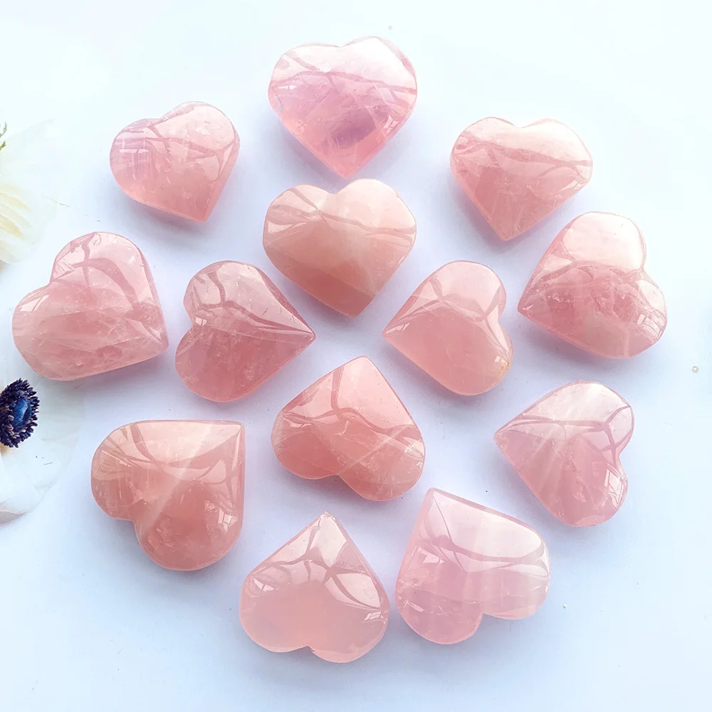1PC Hibiscus Powder Natural Crystal Heart Shape Reiky Gemstone Pink Crystal Love  Rose Quartz Lovers Gift Collection Decoration