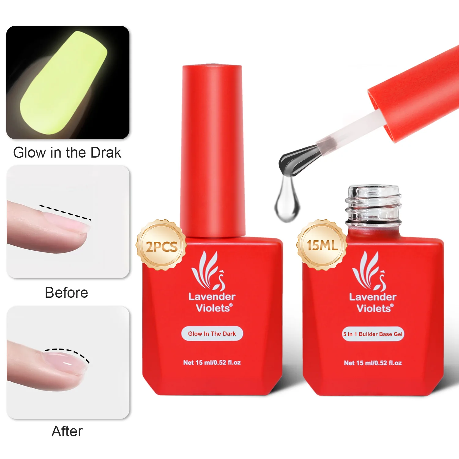2pcs 15ml Builder Base Gel & Glow in the Dark Top Coat, Luminous Effect Soak Off Function Gel Nail Polish for Nail Art Manicure