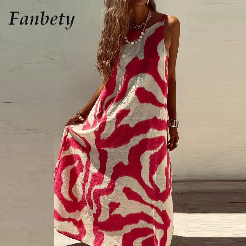 

Fashion Sleeveless Casual Beach Split Dress Women's Pattern Printed O-Neck Loose Dress Summer Halter Big Hem Bohemian Long Dress