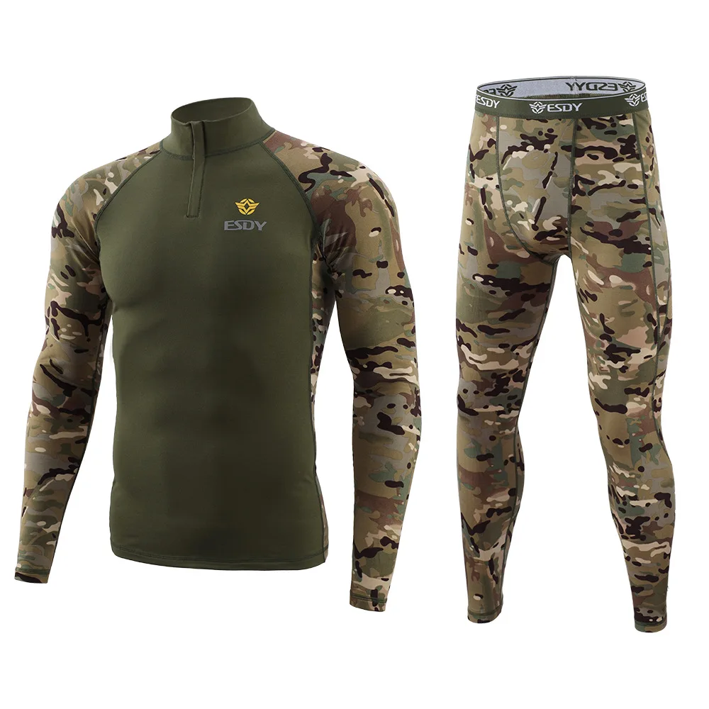 Set Tattico Militare da Uomo in Tessuto Mimetico, Maglia a Compressione a Maniche Lunghe e Pantaloni in Pile, Abbigliamento Termico per Ciclismo e Sport all'Aperto - immagine 4