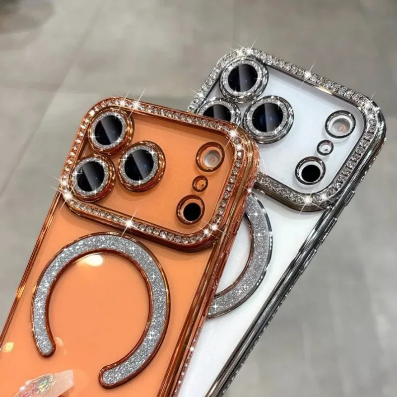 Luxury Bling Diamond Phone Case with Lens Film and Magsafe Cover