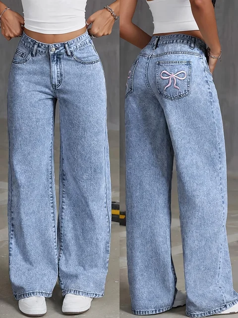 Pantalón de jean de pierna ancha · Bordado con lazo