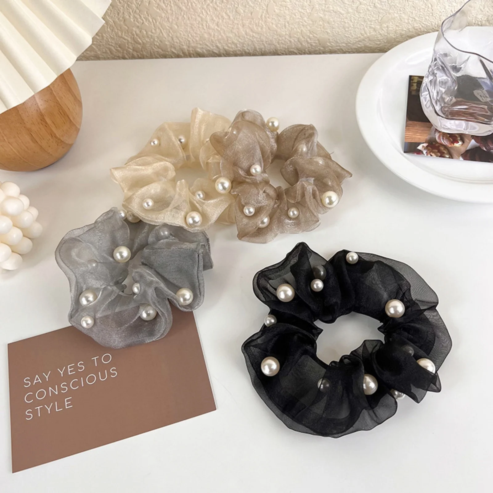 1PC Elegant Organza Scrunchies with Pearls, Women's Stylish Hair Accessories, Must - Have Hair Grips