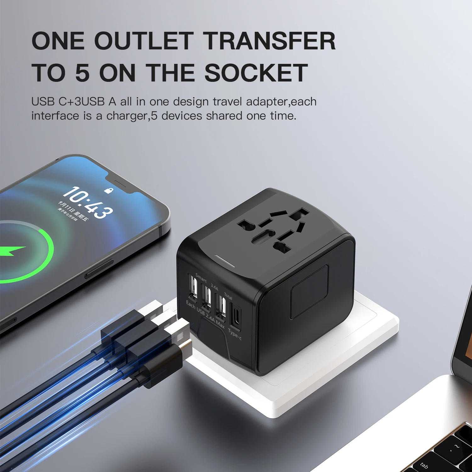 High-Speed Universal Travel Adapter with Multi-USB Ports