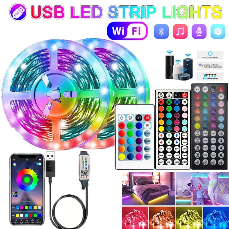 

WIFI USB LED Strip Light 5050 SMD 5V RGB Tape Bluetooth Flexible LED Lamp Ribbon Self-adhesive TV Desktop Diode Room Decorations