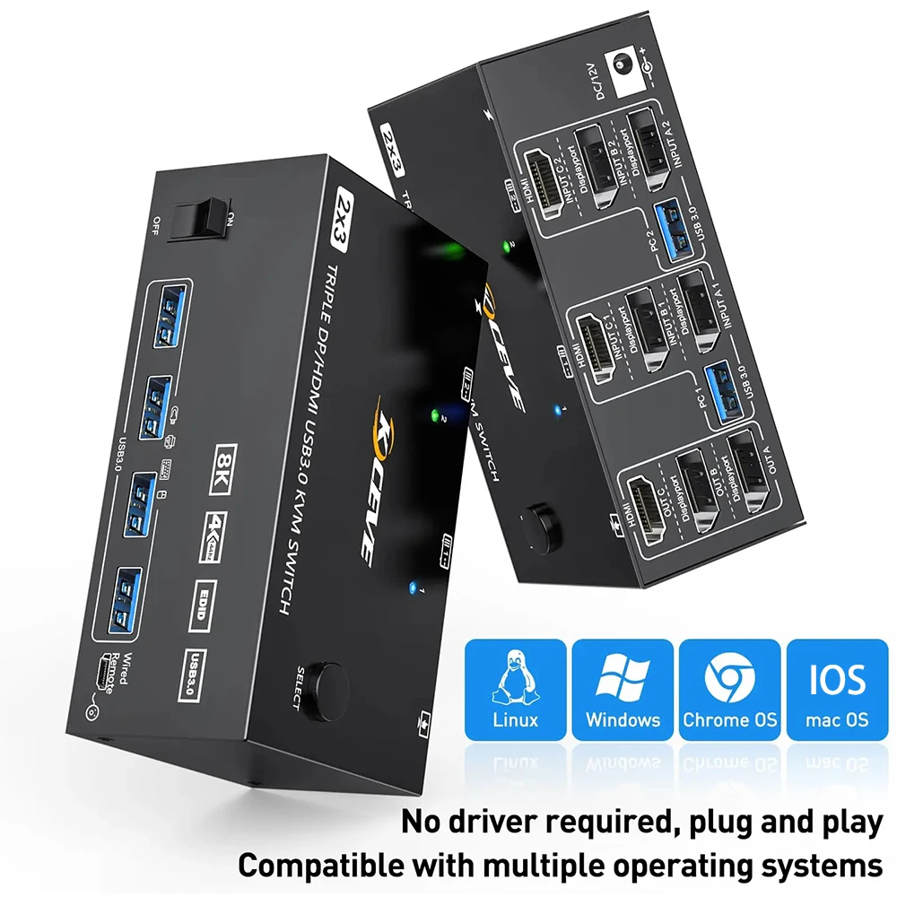 

Тройной монитор KVM Switch ,2 порта дисплея + HDMI USB KVM Switch 8K @ 60Hz,4K @ 144Hz 3 монитора 2 компьютера KVM с 4 портами USB 3.0