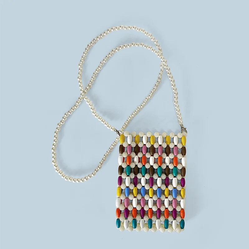 Colorful Wood Bead Splicing Mini Crossbody Phone Bag Vacation Style Leisure Handmade Bead Bag