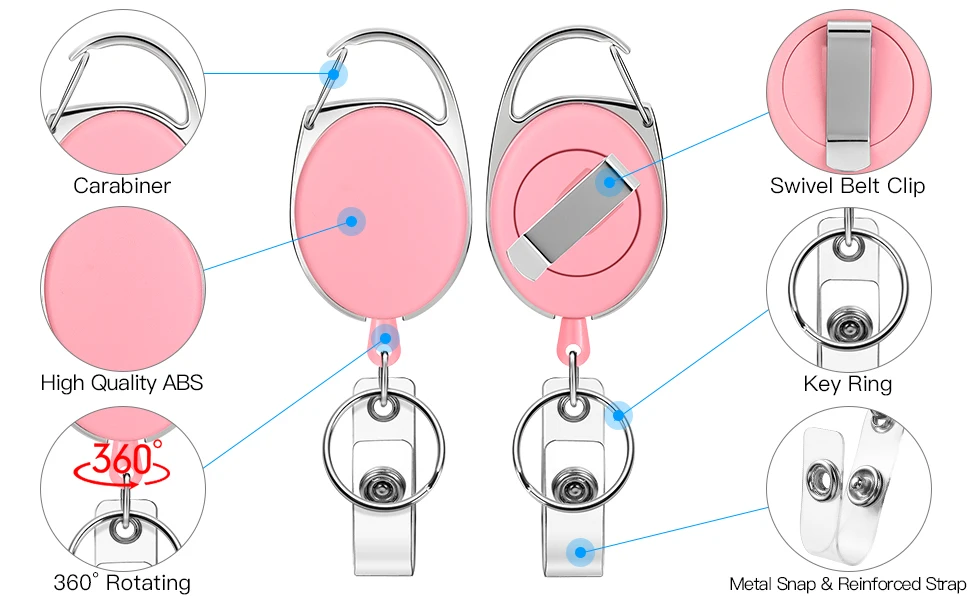 25'' Einziehbarer Ausweishalter mit 360°-Drehfunktion ° Schwenkbarer Gürtelclip und Schlüsselring, Robuster Einziehbarer Schlüsselanhänger Karabiner ID-Ausweishalter – Detail 3