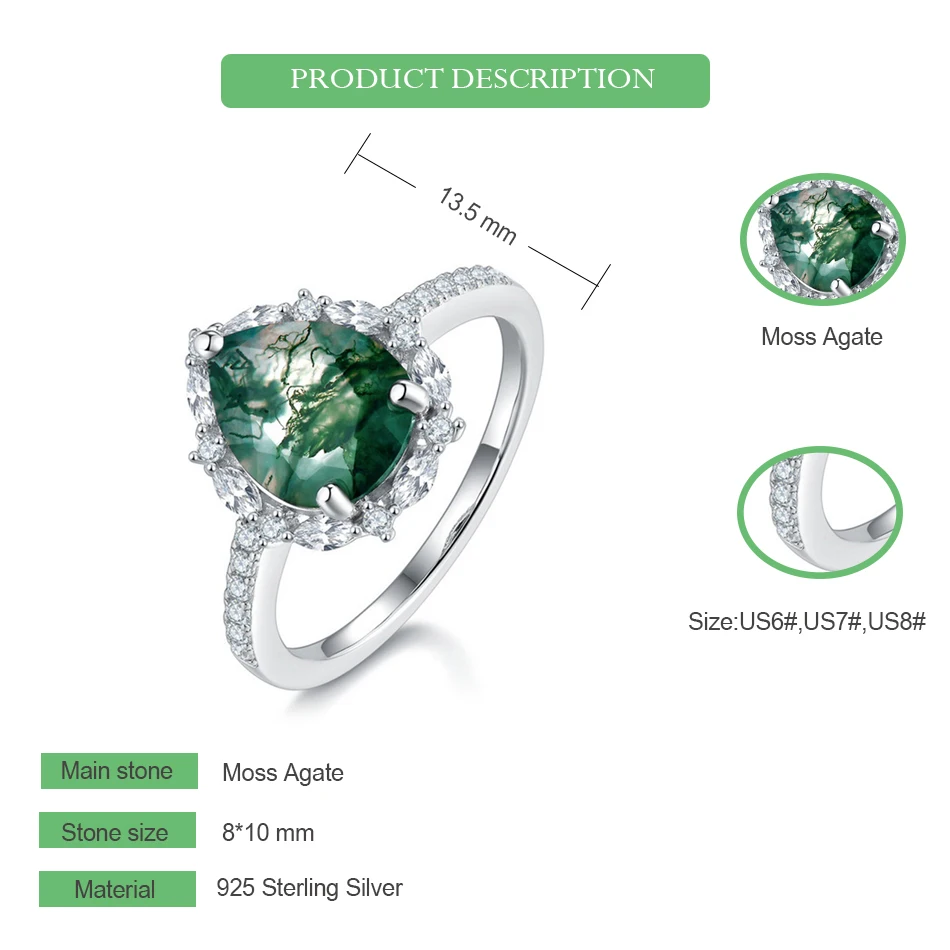 WES 925 Sterling Silver Natural Gemstone 8*10mm Moss Agate Rings For Woman Fine Jewelry Certified Wedding Valentine Party Gifts WES 925 Sterling Silver Natural Gemstone 8*10mm Moss Agate Rings For Woman Fine Jewelry Certified Wedding Valentine Party Gifts