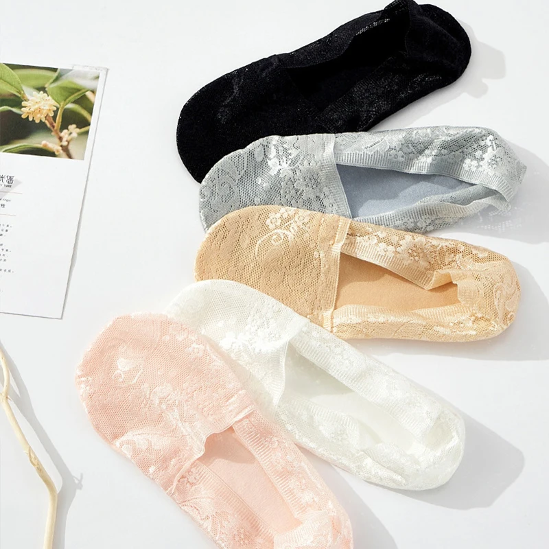 Description Picture 4 of item5 Pairs of Women's Summer Lace Jacquard Silicone Non-Slip Non-Marking Deep Cut Short Low Top Boat Socks