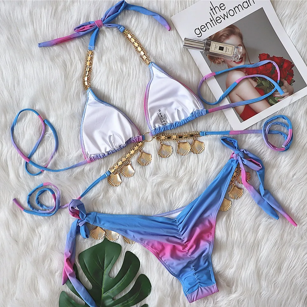 2024Women's Bikini Set Gradient Swimwear Halter Swimsuit Side Bandage Bathing Suit Beachwear Sexy Bikini