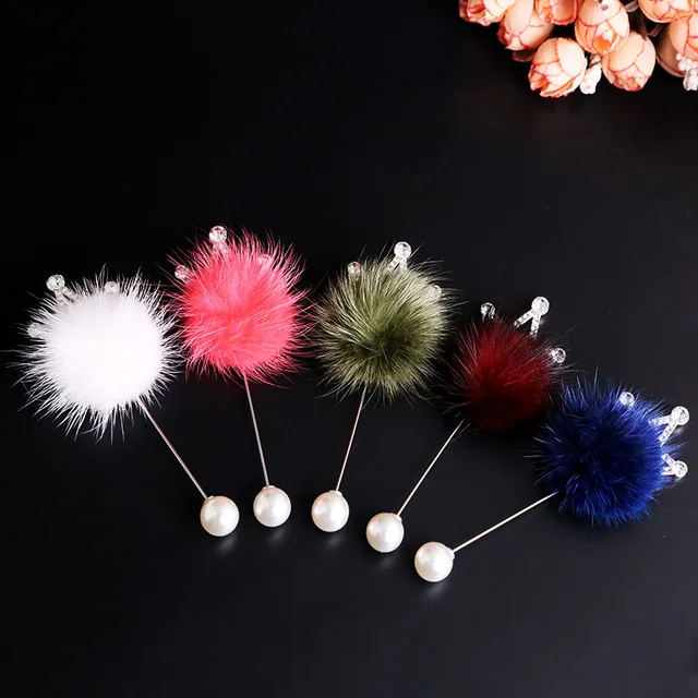 Brooch Pin Pompom Brooches Pearl Mink Hair Sweater Fur Ball Coat Hat Lapel for Girls Woman Suit Collar Clothes Jewelry Accessory