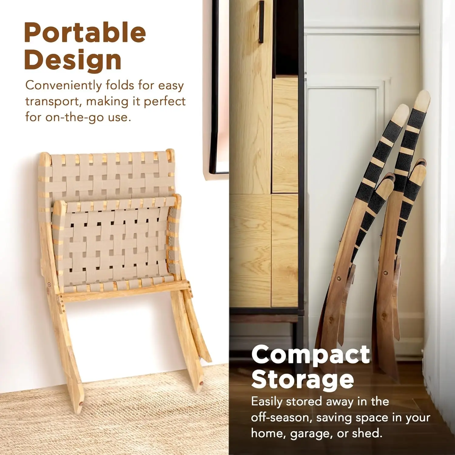 63636 Sava Folding Chair. Indoor/Outdoor. Low Slung. Portable. Acacia Wood. Woven Seat & Back. Navy Blue Webbing.