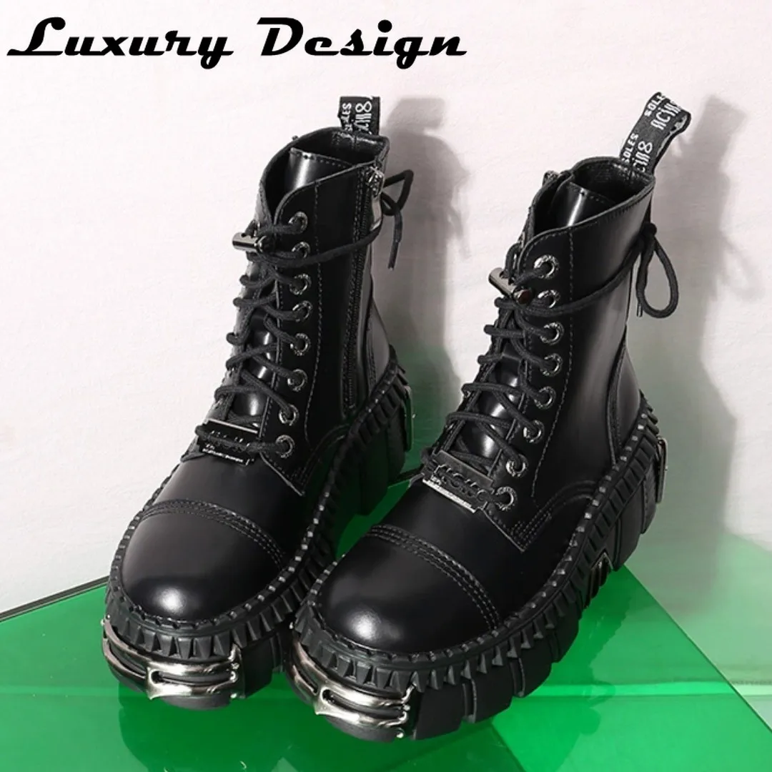 

Heavy Metal Platform Biker Boots Women's Metal Decor Dark Punk Booties Goth Style Ankle Boot Black Leather Mid-calf Boots