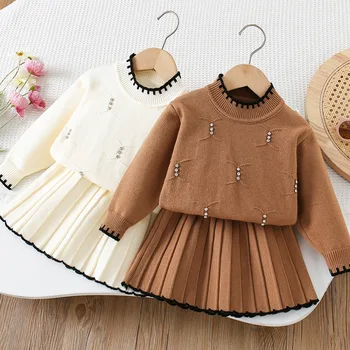 LILIGIRL 2025 Autumn Children Outfit 2PCS  Kids Sweater Set 9M-5T Fashion Girls Baby Bead Pullover + Short Skirt Korean