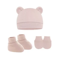 3Pcs Newborn Baby Hat Socks Gloves Set Cute Baby Boy Girl Cap With Ears Solid Color Infant Beanie 2