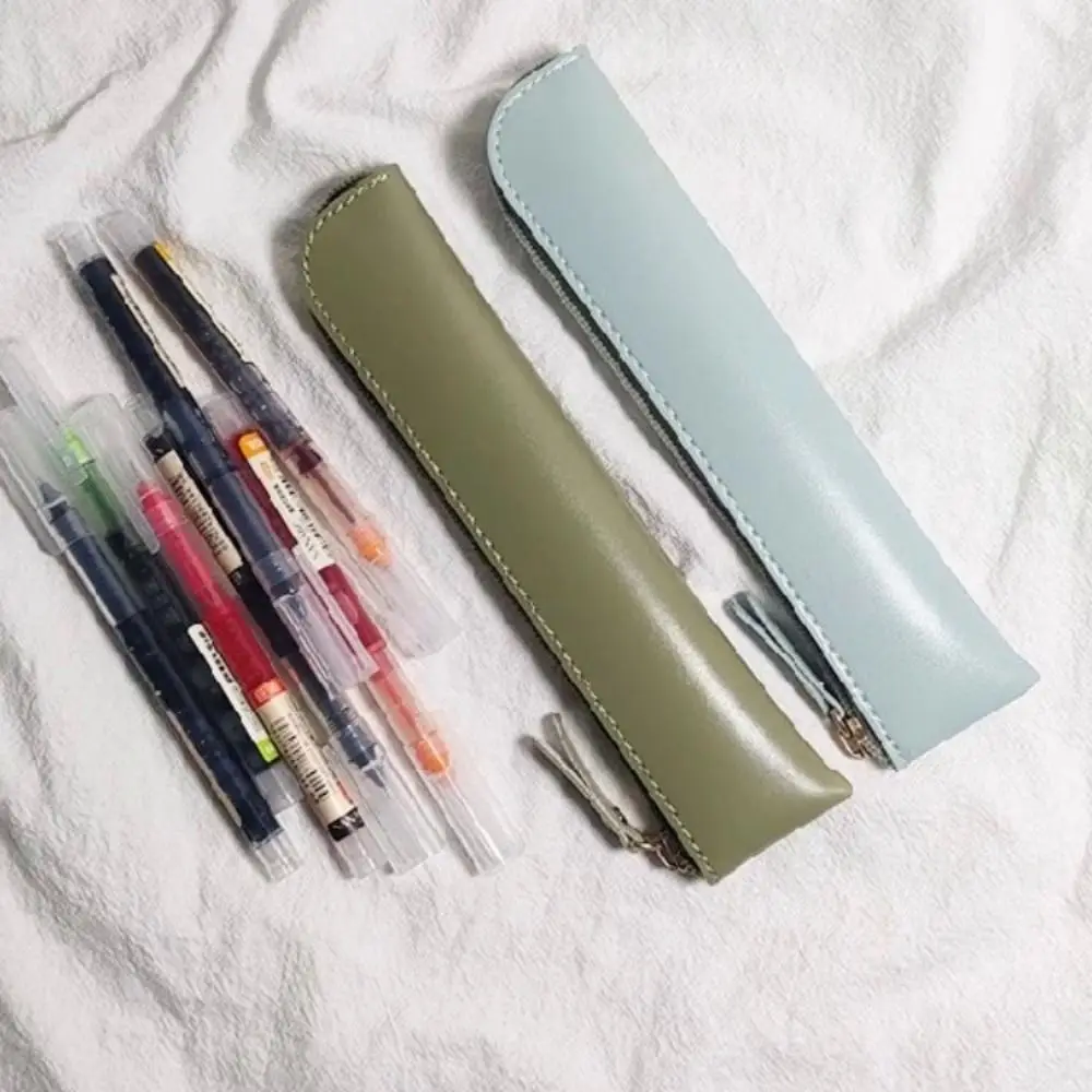 Vintage PU Thin Pencil Case Zipper Practical Pencil Bags Student Stationery Soft Pen Storage Bag Office Accsesories