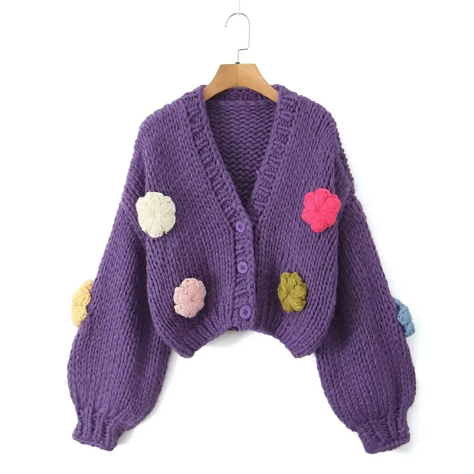 7 colors Sweet Hand Made Crochet 3D Flower Ball Cardigan Retro