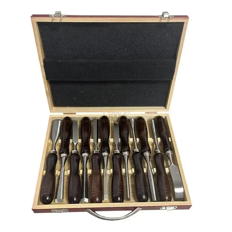 Kit De 6 Ciseaux à Bois Professionnels - Lames Acier CR-V Affûtées, Avec Boîte En Bois, Guide Et Pierre à Aiguiser