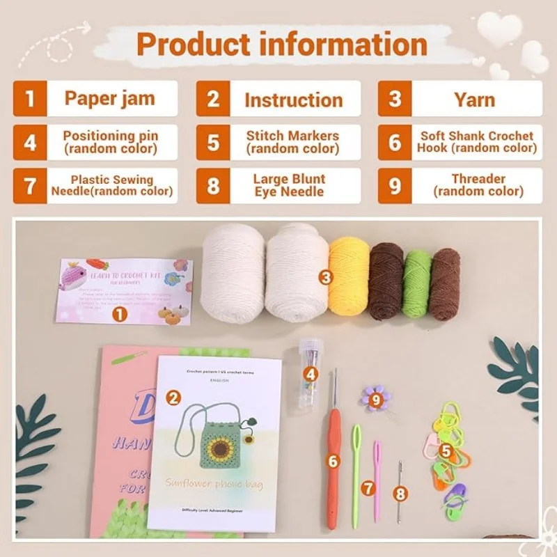 MIUSIE Crochet Kit for Beginners Bohemian Style Sunflower Woven Bag with Video Tutorials,Yarns,Accessories Knitting Craft DIY 3