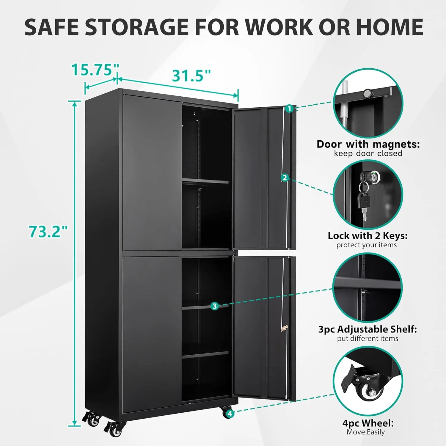 Tool Metal Storage Cabinet with Wheels Rolling Garage Storage Cabinet with Lock Black Metal Cabinet with Shelves 3