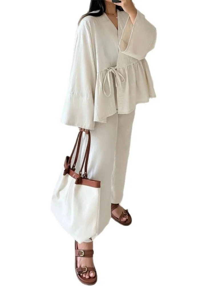 Wmstar Two Pice Set Women Wholesale Woman 2025 Summer New Design V Neck Loose Lace Up Top Wide Leg Long Pants Outfits Fancy Club