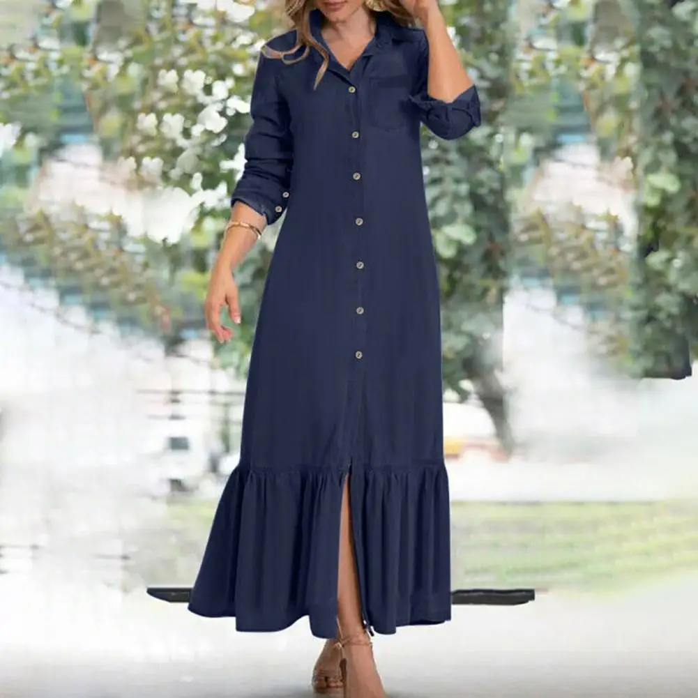 

Женское платье-макси свободного покроя, однобортный Кардиган с длинным рукавом, джинсовое однотонное платье с оборками и цветочным подолом, весна-лето