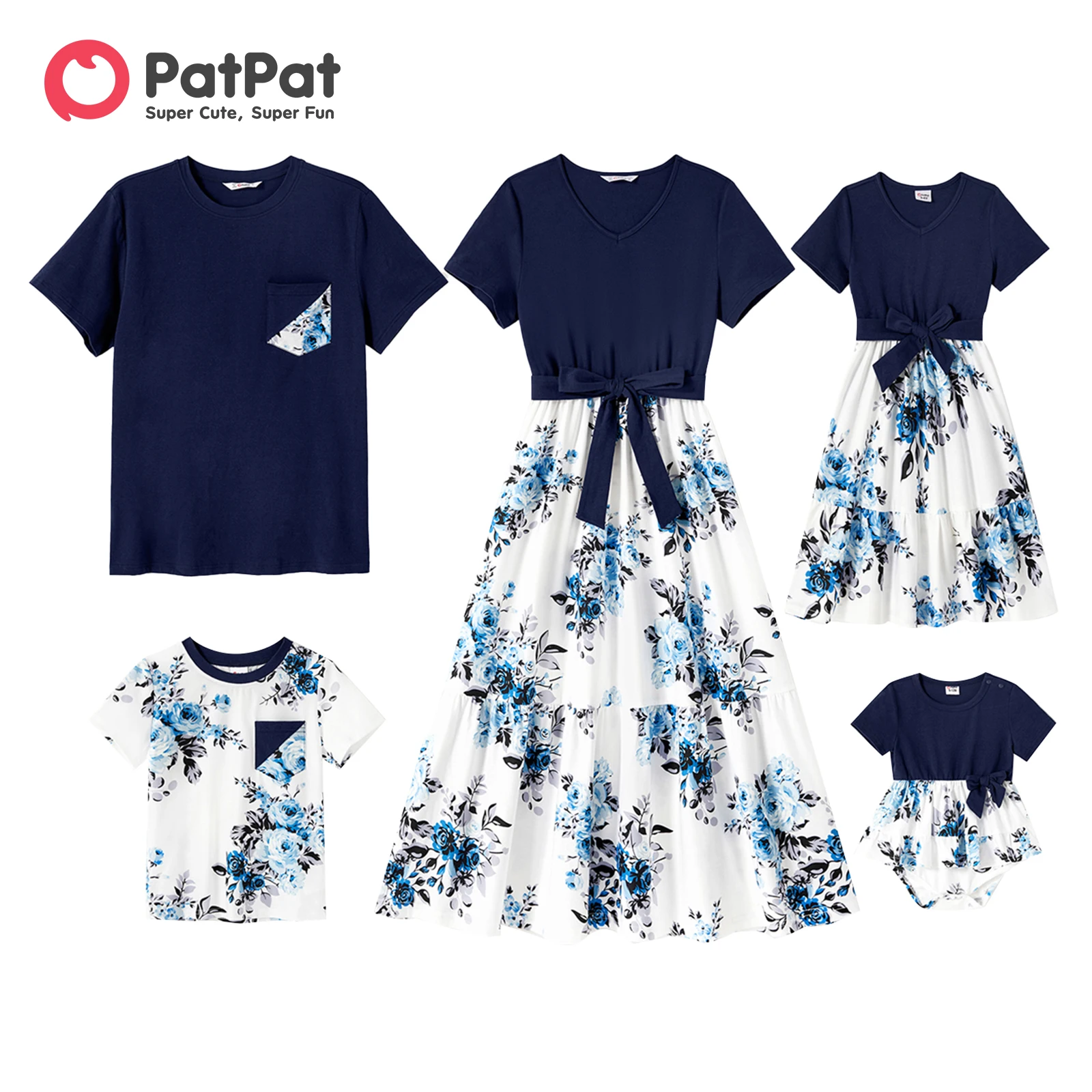 PatPat Family Matching 95% Cotton Dark Blue Short-sleeve T-shirts and Floral Print Spliced Dresses Sets