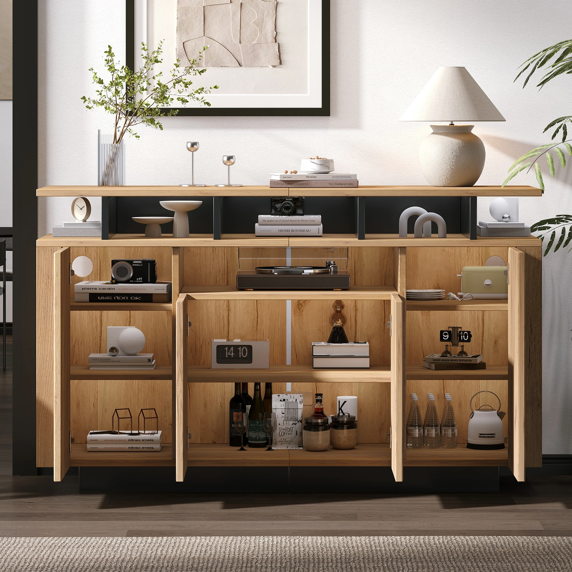 PINGGO Kommode, Sideboard, 4 Türen, 3 offene Regale, Naturholz, für Wohnzimmer, Flur, Büro, 140 x 40 x 85 cm – Detail 2