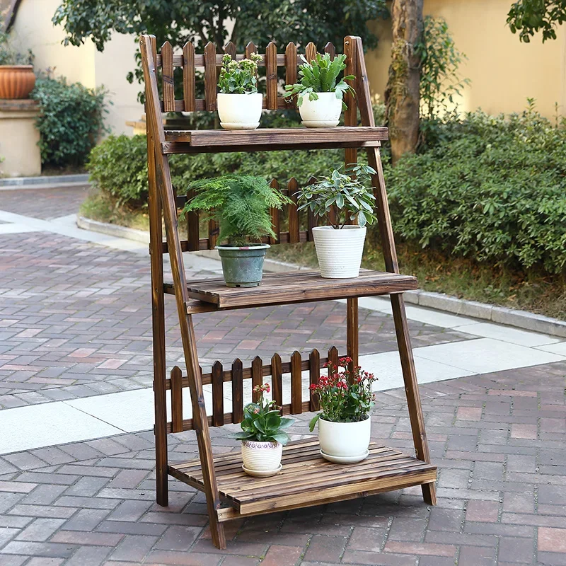 Outdoor Multi-Layer Ladder Flower Stand Balcony Solid Wood Storage Rack Folding Anti-Corrosion Wooden Succulent Hand Floor