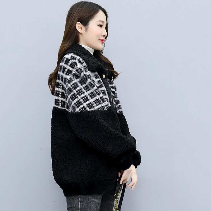 Plaid Imitation Lamb Wool Jacket Women Overcoat Autumn/Winter 2023 New Loose Short Stitching Thicke Warm Lambwool Coat Outwear