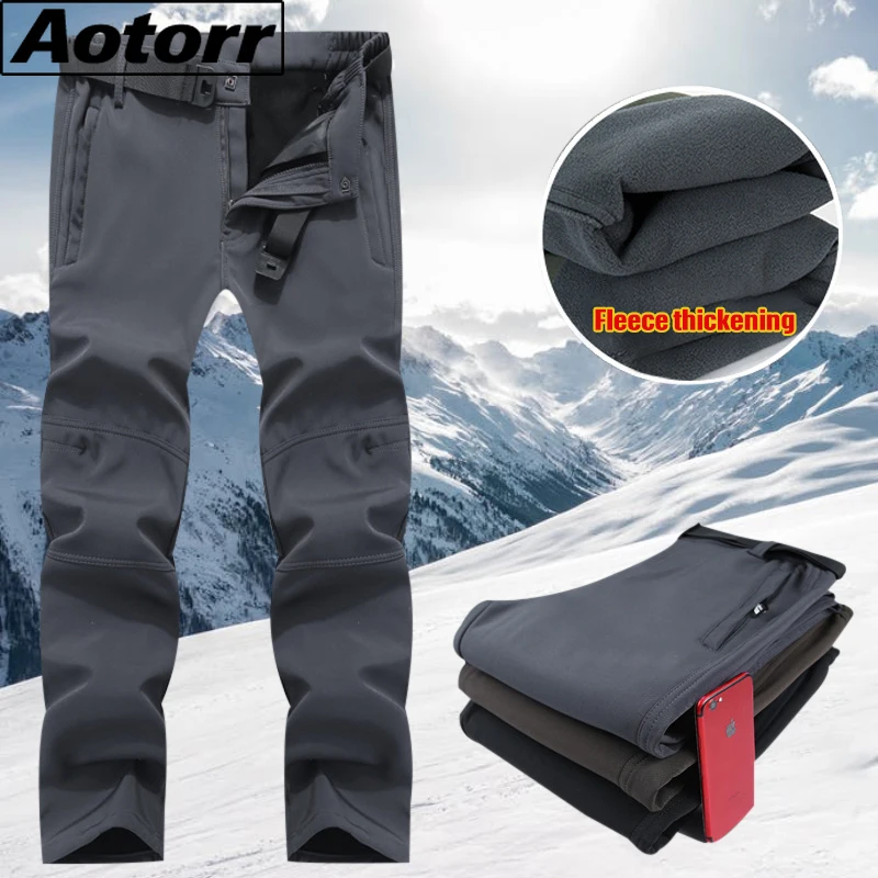 

Winter Men's Waterproof Pants Fleece Warm Cargo Pants Male Camping Hiking Work Pants Casual Soft Trousers Breathable EU Size