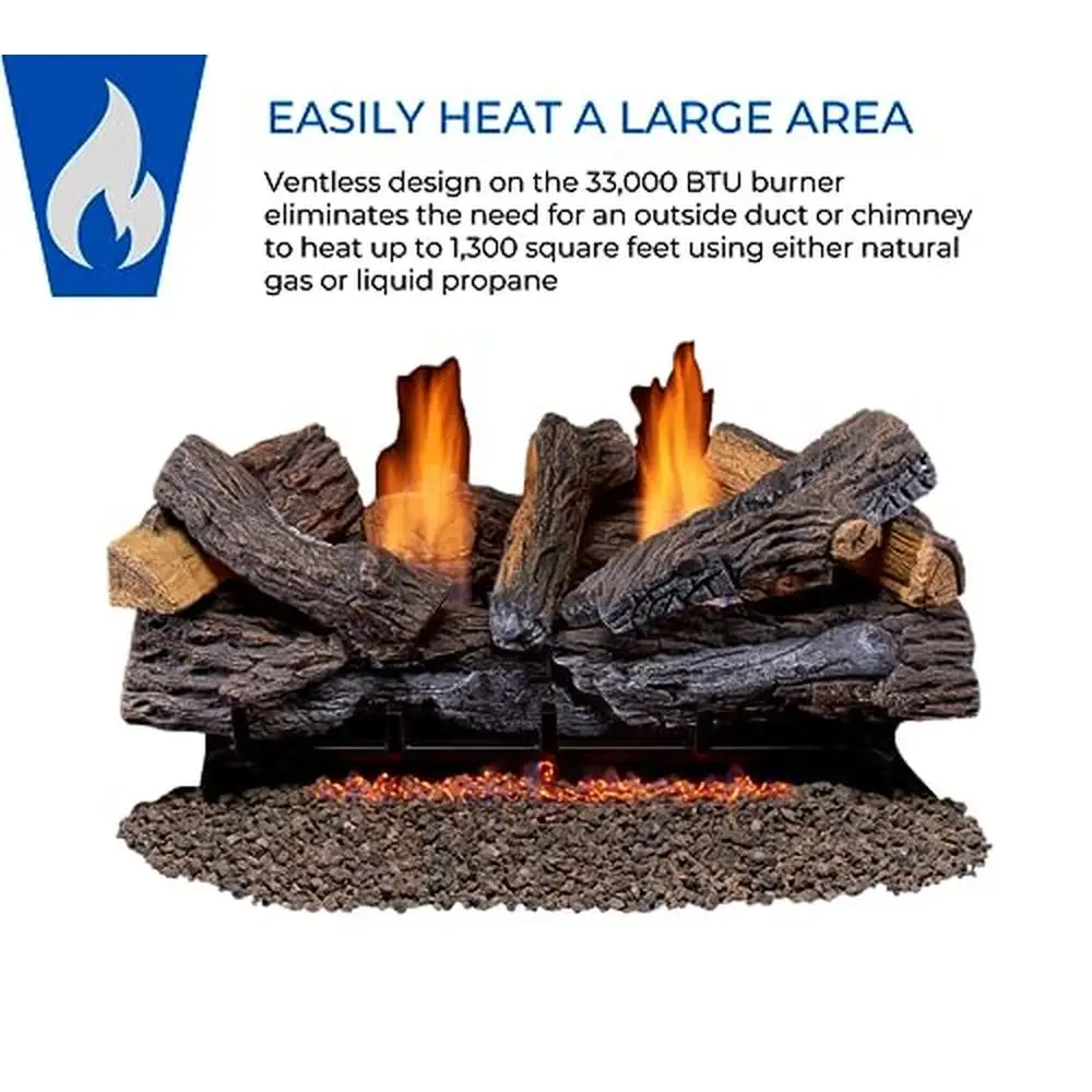 Ventless Fireplace Logs Set Remote Control Dual Fuel 33000 BTU Natural Gas Liquid Propane Stacked Red Oak Hand-Painted Ceramic 2
