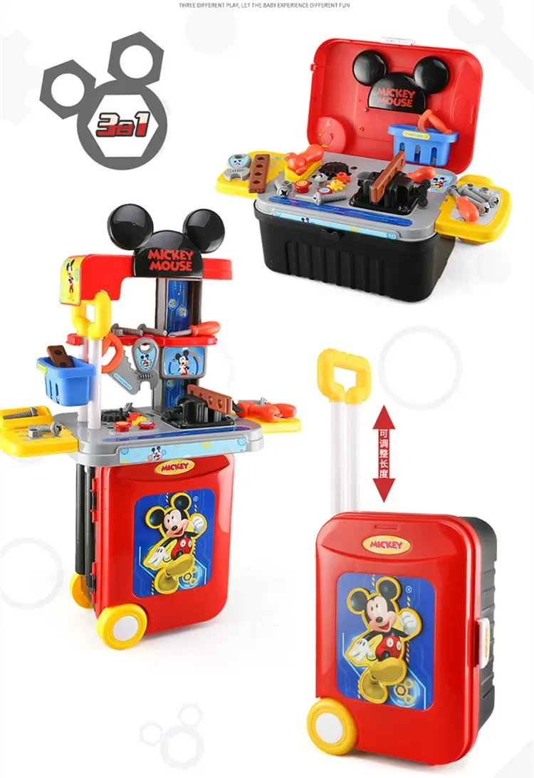 Disney 3 in1 Mickey Mouse trolley case Children's Toolbox Toy Set boy kids tools play house set kids toys for boy birthday gift 5