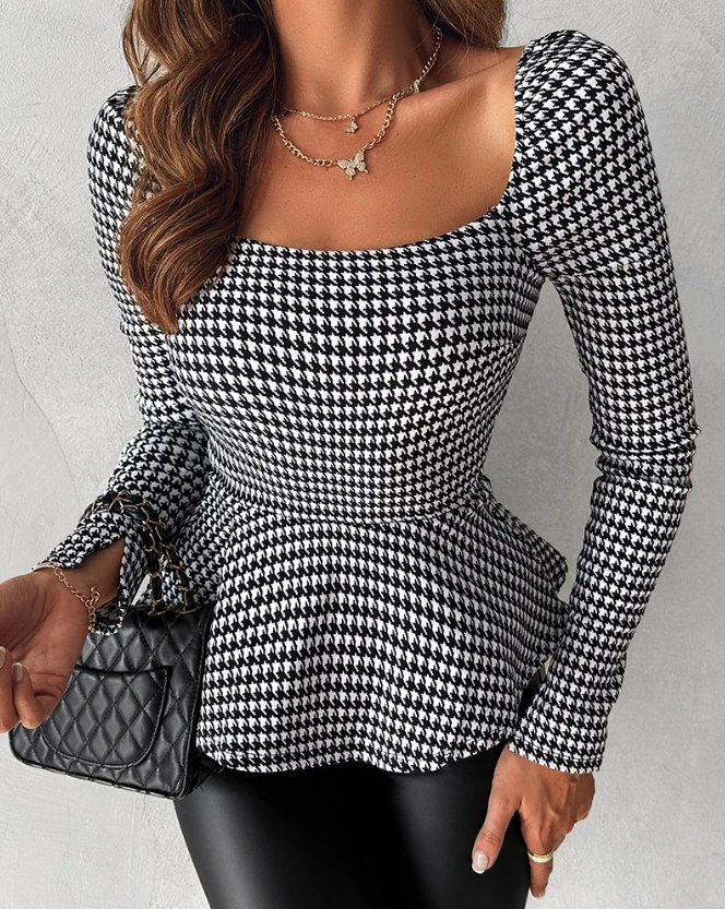 

Women's Elegant Houndstooth Print Square Neck Top Female Casual Clothing Temperament Commuting Woman Long Sleeve Fashion Blouses