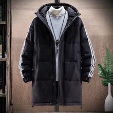 

Winter tooling down jacket men's mid-length thickened jacket casual hooded striped loose