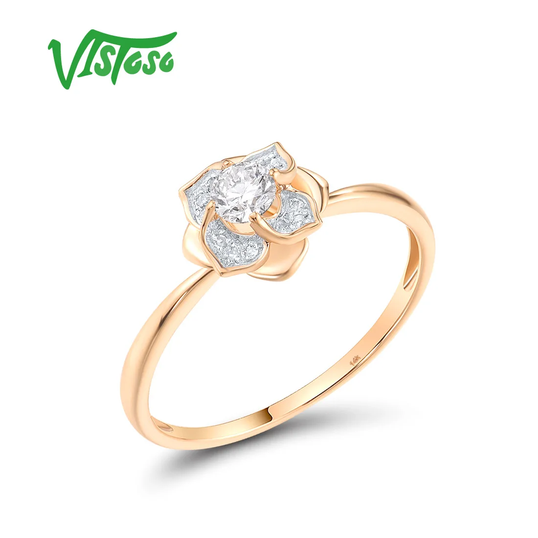 

VISTOSO Authentic 14K 585 Rose Gold Ring For Women Sparkling Diamonds Elegant Flower Fantastic Daily Wear Gifts Fine Jewelry