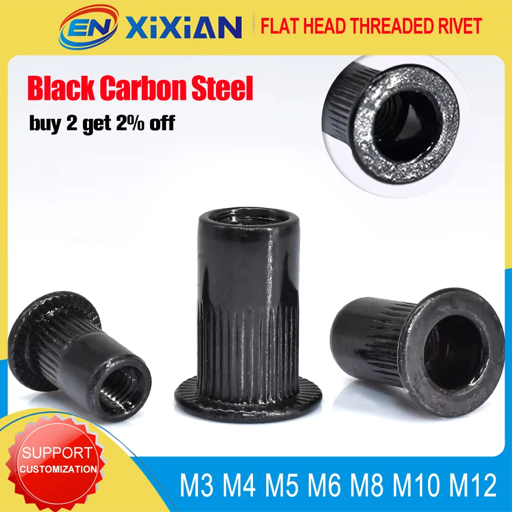 Rivets and Fasteners M3 M4 M5 M6 M8 M10 M12 Flat Rivet Nut Black Carbon Steel Flat Head Threaded Rivet Insert Nutsert Cap 1pcs-50pcs