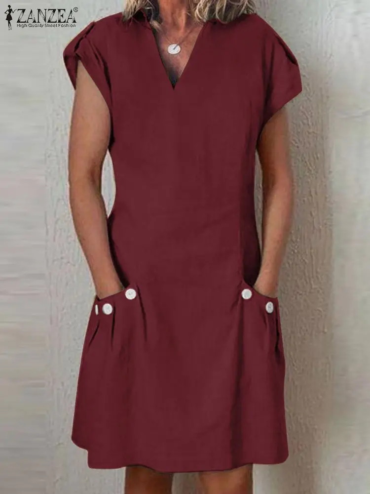 

ZANZEA Fashion Solid Sundress Female Elegant Knee Length Robe Summer Vintage OL Dress Woman Short Sleeve V-Neck Dresses 2024