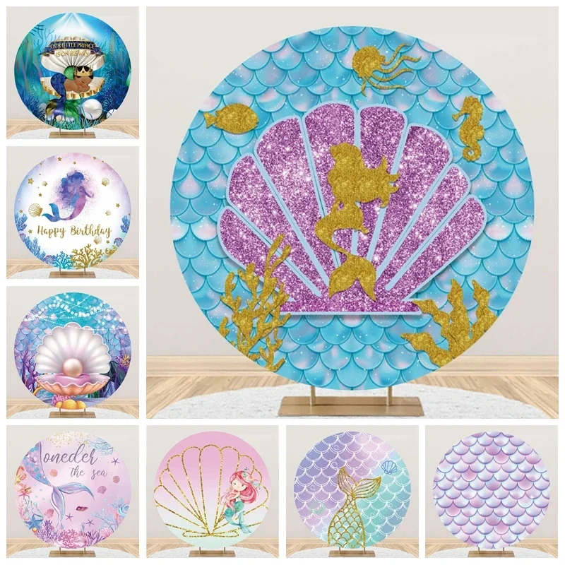 

Tableclothsfactory Mermaid Undersea Round Backdrop Seabed Polyester Circular Baby Princess Girl Birthday Party Fabric Banner