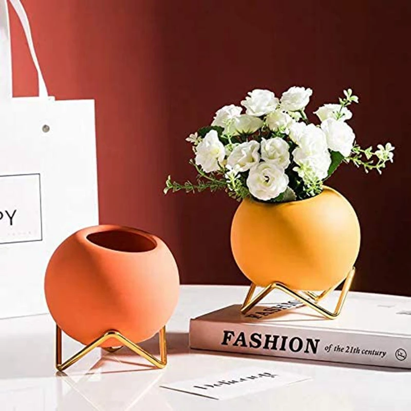 A74P-Small Flower Vase Set Of 3, Modern  Vase For Living Room Decor Yellow Blue Orange Round Vase For Faux Flowers 2