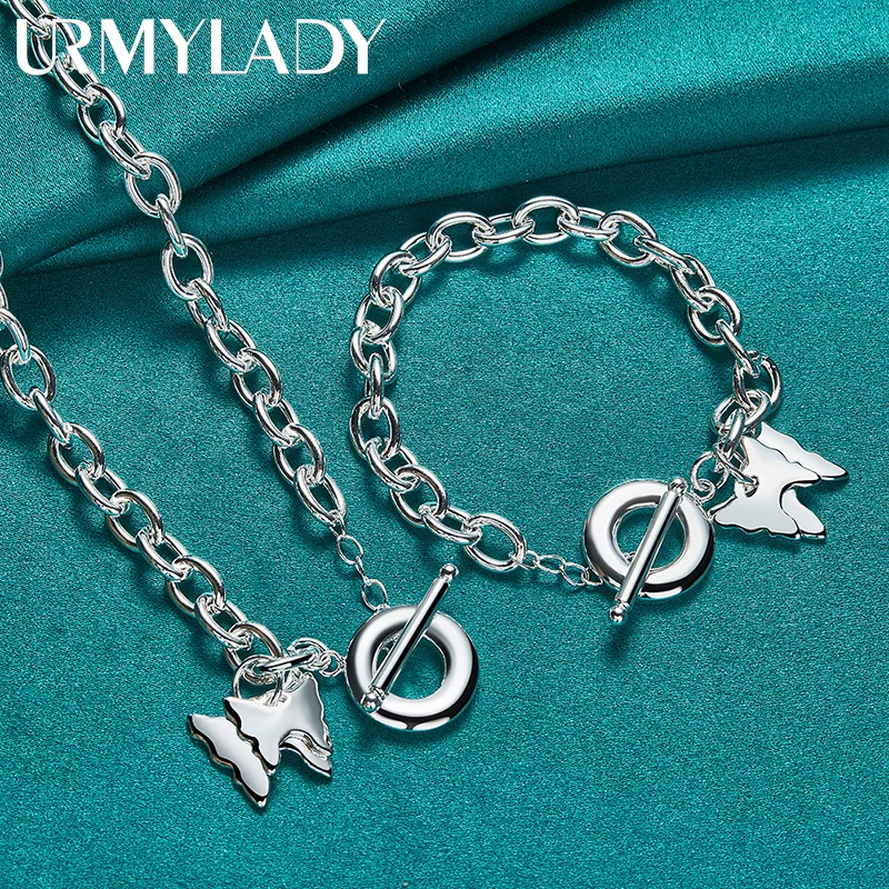 

URMYLADY 925 Sterling Silver Double Butterfly Bracelet Necklace Jewelry Set For Women Fashion Charm Wedding Party