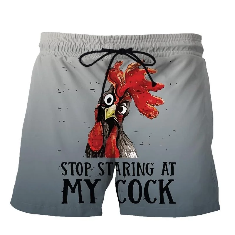 

3D Print Stop Staring At My Cock Short Pants For Men Boys Funny Swim Trunks Fashionable Funny Chicken Graphics Beach Shorts