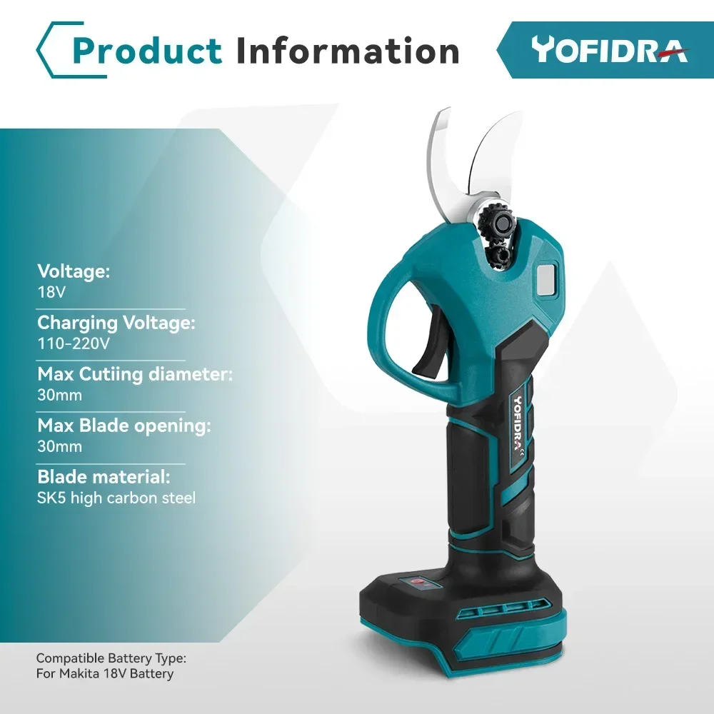 Yofidra 30mm Brushless Electric Pruning Shears LED Display Cordless Orchard Shrub Branch Electric Scissors For Makita 18VBattery 2