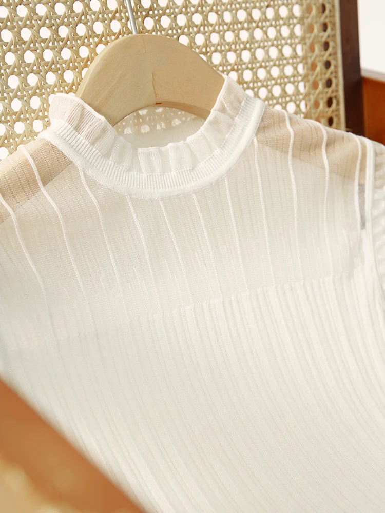 Sexy durchsichtige Spitze Tanktops Frauen Sommer ärmellose Strickweste lässig koreanische halbhohe Kragen Camis schwarz weiß Top – Detail 16
